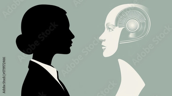 Fototapeta Human silhouette facing robot head with mechanical details, symbolizing interaction and connection between technology