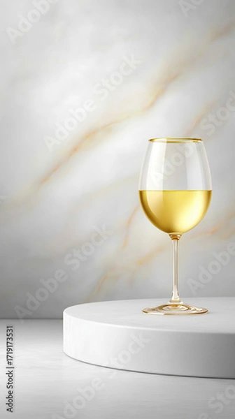 Fototapeta White wine glass with golden rim on white marble pedestal, elegant and bright background with soft light