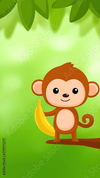 Fototapeta Cute monkey holding banana on tree branch with green leaves and blurred background, cheerful cartoon animal illustration
