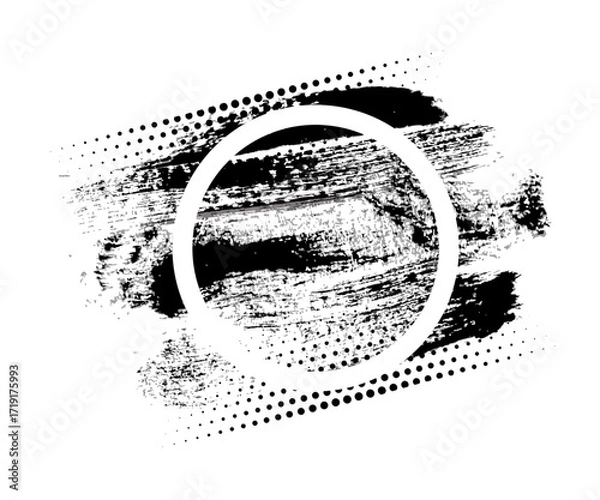 Fototapeta Round frame with black brush strokes and halftone dots on white background. Rough paint smears combined with modern circle border for banner or poster. Abstract vector illustration.