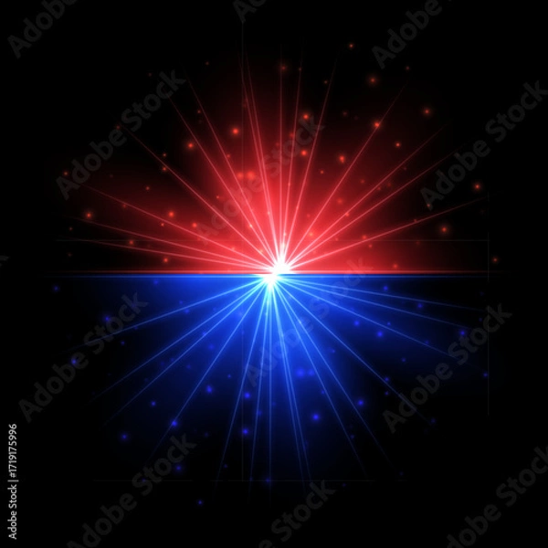Fototapeta Red and blue glowing light burst with star rays on black background. Symmetrical flare effect with sparkling particles for sci-fi, technology, energy themes. Realistic vector illustration.