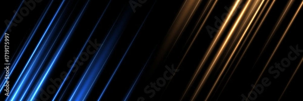Fototapeta Blue and orange neon diagonal light beams on black background. Glowing futuristic lines with motion blur and gradient reflections. Sci-fi abstract energy backdrop vector.