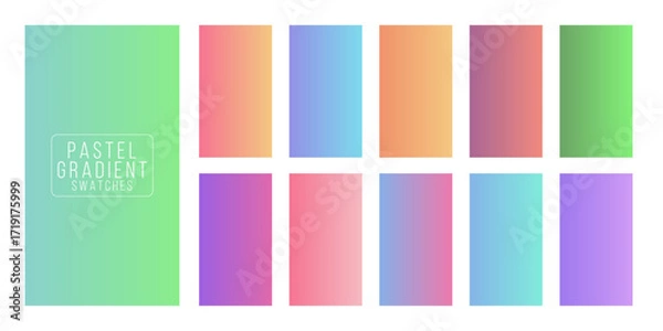 Fototapeta Pastel gradient swatches set. Bright and colorful transitions in pink, green, blue, purple, and orange hues. Smooth abstract gradient backgrounds for digital design and branding. Vector illustration.