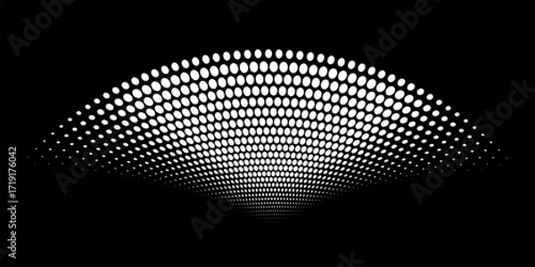 Fototapeta Abstract dotted wave. Halftone curved shape in white color isolated on black background. Curved and twisted gradients form. Trendy graphic vector illustration.