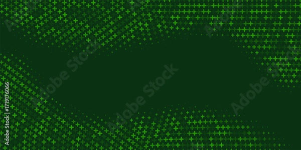 Fototapeta Medical green background. Healthcare circle pattern with glowing plus signs. Abstract futuristic digital backdrop with pixelated geometric elements. Modern technology vector illustration.
