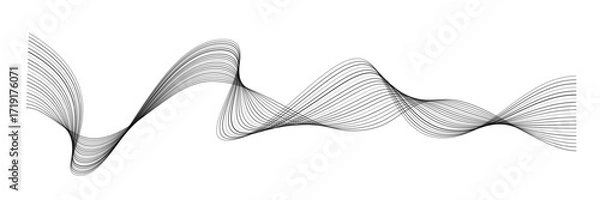 Fototapeta Black wave lines in dynamic curved motion on white background. Minimalist flowing shape with smooth gradient thickness for modern banner or tech design. Modern vector illustration.