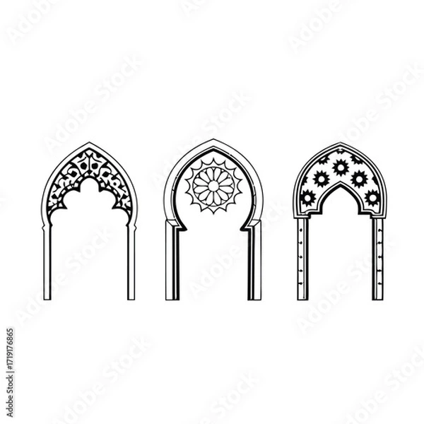 Fototapeta Arched window designs, ornamental frames, vector elements, petal and tracery motifs, geometric patterns, black outlines, minimal aesthetics, architectural styles, icons