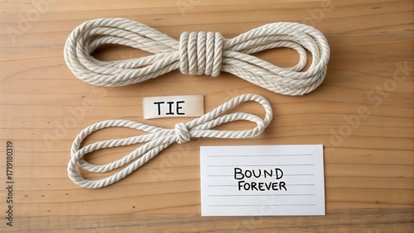 Fototapeta Creative Concept of Tying Knots with Cardboard Labels and Rope
