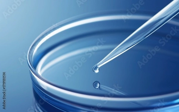 Fototapeta Close-up of pipette with drop on tip over blue liquid in petri dish laboratory science research experiment technology concept