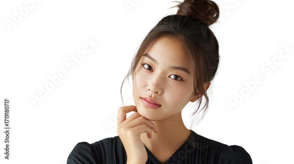 Fototapeta Confident Reflection: A stunning portrait of a thoughtful woman, radiating natural beauty, her poised expression conveying a sense of intelligence and composure.
