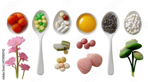 Fototapeta Nutrition Composition: An artful arrangement presents a collection of assorted healthy food and colorful plant elements artfully displayed on spoons, with an emphasis on the balance of nutrition. 