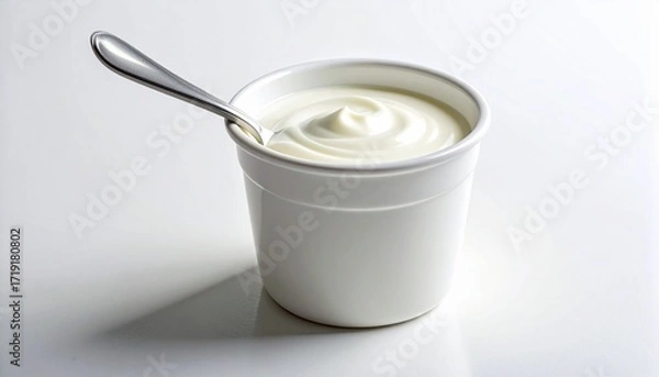 Fototapeta A swirl of yogurt—white cup, metal spoon upright—rests in chilled stillness. A metaphor for edible purity and the choreography of quiet indulgence.