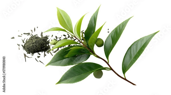 Fototapeta Fresh Tea Leaves: A vibrant cluster of tea leaves and buds, accompanied by a delicate pile of dried leaves, showcases the essence of this healthy and natural beverage.