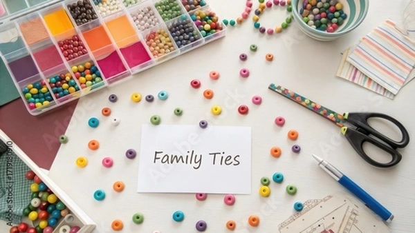 Fototapeta Creative Craft Table with Beads and Tools for Family Ties Project