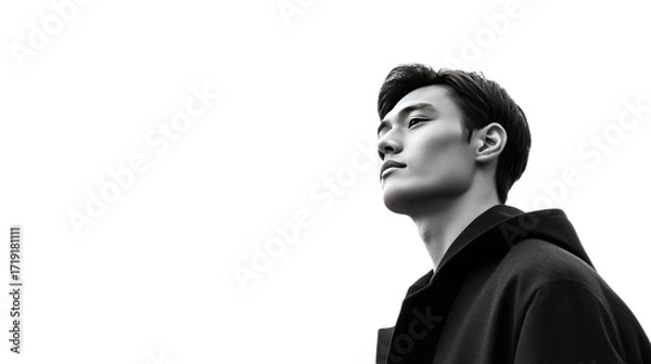 Fototapeta The Contemplative gaze: Captivating monochrome portrait of a man, showcasing his sharp features, and serene expression, hinting at a world of thought and introspection.