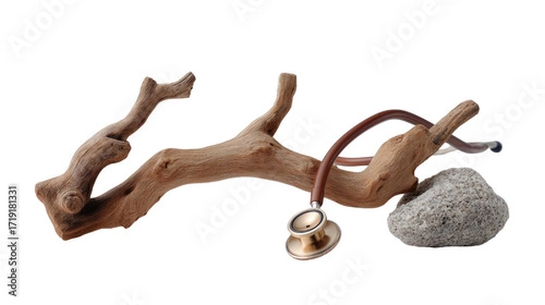 Fototapeta Medical Nature's Embrace: a medical stethoscope rests artistically on a piece of driftwood, juxtaposed with a rock. symbolizing the harmony between healthcare, natural elements, and wellness. 