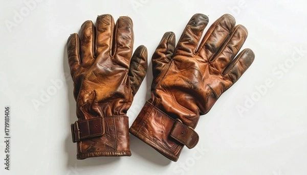 Fototapeta A pair of worn gloves—creased leather, buckled wrists—rests in quiet fatigue. A metaphor for earned resilience and the choreography of tactile memory.