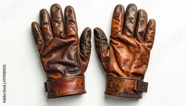 Fototapeta A pair of worn gloves—creased leather, buckled wrists—rests in quiet fatigue. A metaphor for earned resilience and the choreography of tactile memory.