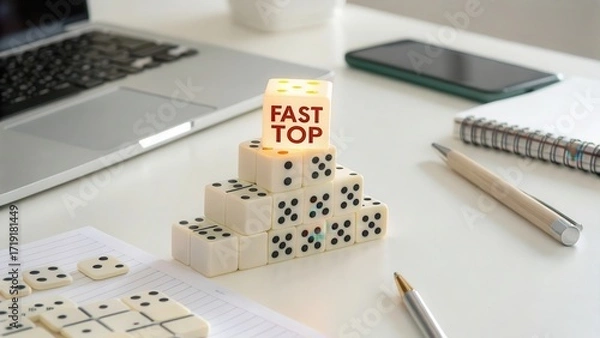 Fototapeta Creative Desk Arrangement with Dice and Laptops for Work Environment