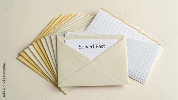 Fototapeta Creative Desk Setup with Envelopes and Notepads for Office Use