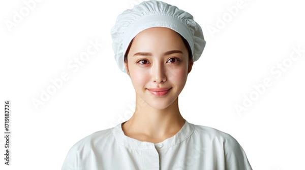 Fototapeta Smiling Professional Chef: A warm close-up of a chef with a serene, inviting smile, radiating confidence, and the art of culinary mastery. She wears a chef's hat and pristine uniform.