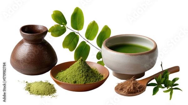 Fototapeta Serene Matcha Moment: A tranquil presentation featuring the vibrant green of finely ground matcha tea, gracefully arranged alongside complementary elements for a mindful tea experience.