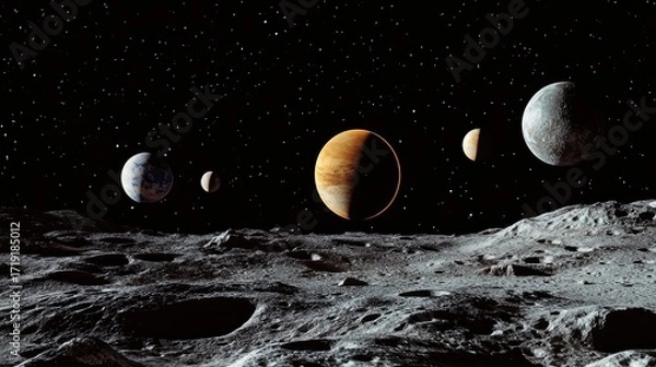 Fototapeta Celestial Landscape Featuring Planets in Dark Space Environment