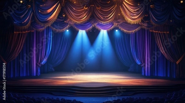 Fototapeta Elegant Theater Stage with Dramatic Curtains and Spotlight Effects