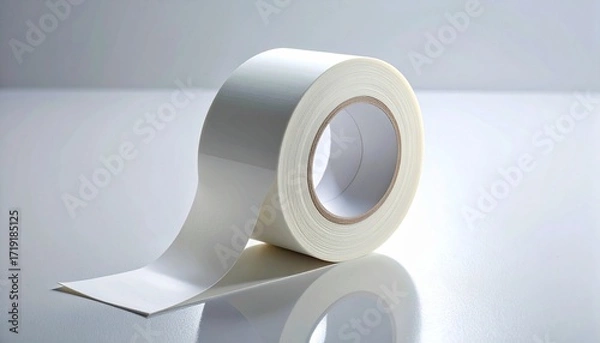 Fototapeta A roll of white tape—unspooled, resting on reflection—sits in quiet tension. A metaphor for silent repair and the choreography of provisional bonds.