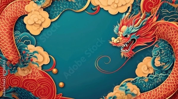 Fototapeta Vibrant Dragon Illustration with Clouds and Decorative Elements
