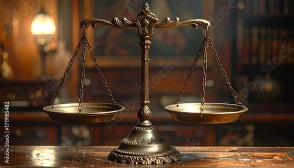 Fototapeta A balance scale—metal arms, candlelit, book nearby—rests in solemn symmetry. A metaphor for weighted truth and the choreography of contemplative justice.