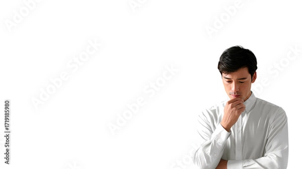 Fototapeta Introspective Contemplation: A man, lost in thought, contemplates a moment of reflection. He holds his chin, capturing the essence of human introspection and the weight of decision. 