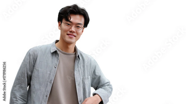 Fototapeta Smiling Portrait: A confident individual, radiating poise and optimism, looks directly at the viewer, showcasing a blend of intelligence and approachability in this expressive headshot.