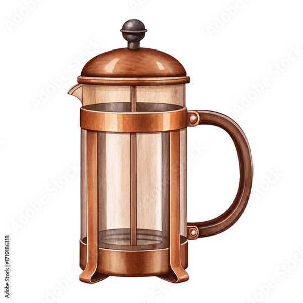 Obraz Coffee brewing equipmentFrench press coffee maker with glass body and wooden handle, warm tones create cozy and inviting