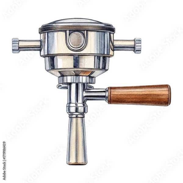 Obraz Coffee brewing equipmentmetallic espresso portafilter with wooden handle for coffee making