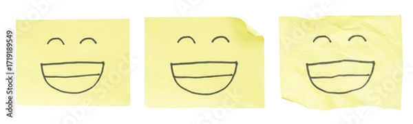 Fototapeta Set collection or collage of hand-drawn happy emoji on yellow notes paper isolated on transparent background