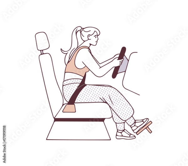 Obraz Outline sad woman is driving in incorrect posture side view. Automobile driver is in wrong position on car seat. Bad pose for spine. Flat isolated contour vector illustration on white background