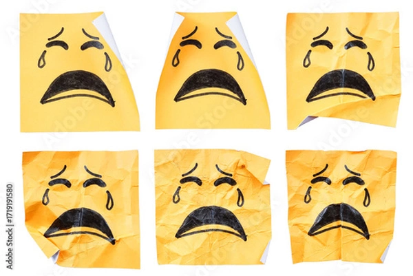 Fototapeta Set collection or collage of hand drawn of sad face emoji on yellow paper isolated on transparent background
