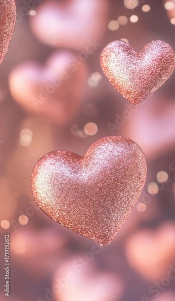 Fototapeta Valentine's Day background featuring rose gold glitter hearts floating in air creating enchanting dreamy atmosphere for love celebration romantic