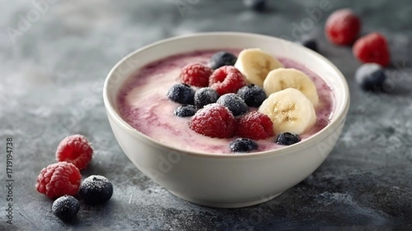 Fototapeta A vibrant healthy smoothie bowl topped with fresh raspberries blueberries and banana slices in soft light