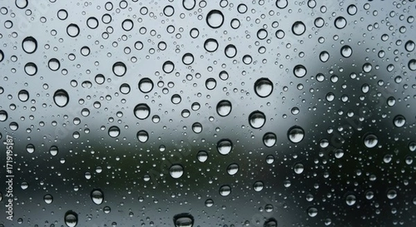 Fototapeta Raindrops on Glass: Close-up of Water Droplets Grey Background.