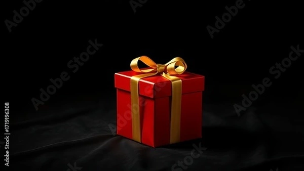 Obraz Luxurious red gift box with golden ribbon on a dark velvet background.
