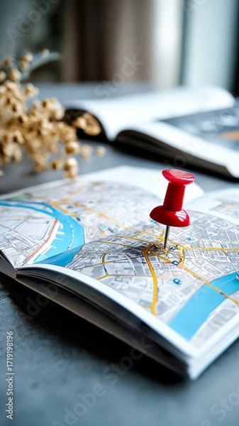 Fototapeta Exploring a city with a map and pin. A red pin marks a location on an open map in a cozy setting, perfect for planning a city adventure.