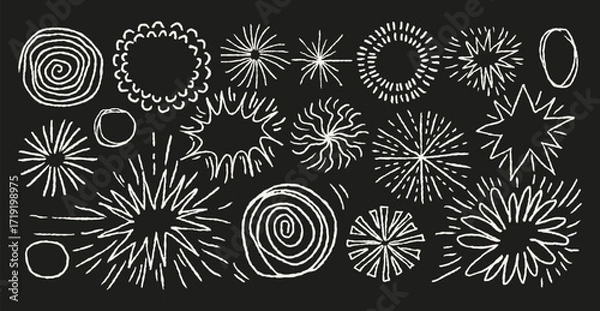 Fototapeta Chalk burst set with sketchy starbursts, fireworks, sunburst, spiral doodles. Doodle crayon pencil draw shapes. Playful comic effects.