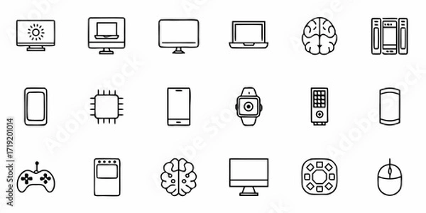 Obraz Modern technology icons showcasing computers, smartphones, brains, and gaming devices for digital concepts and innovation