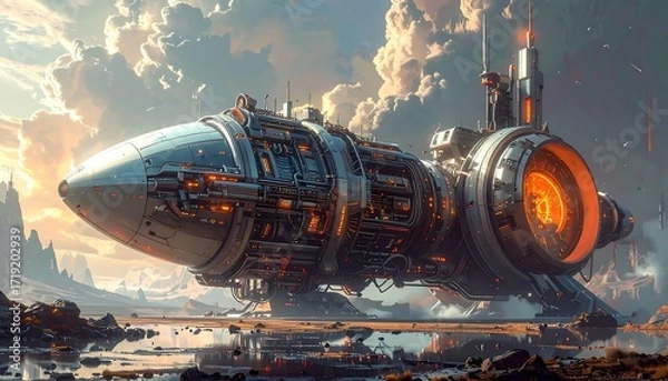 Fototapeta Futuristic spaceship lands on alien planet