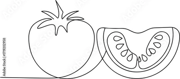 Fototapeta Single line drawing of a whole tomato and a slice food