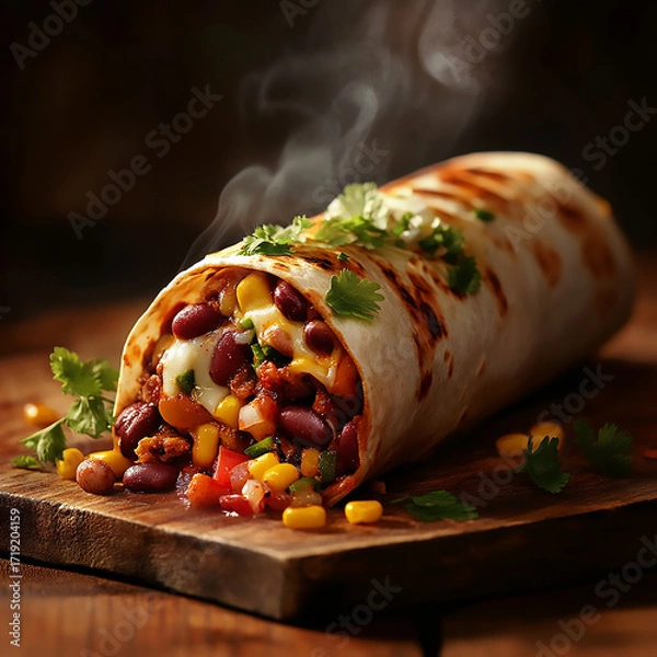 Fototapeta A delicious warm burrito filled with seasoned beef beans corn and cheese garnished with fresh cilantro