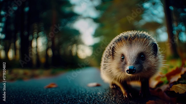 Fototapeta An unexpected encounter with hedgehog on country road, a hedgehog walking through an autumn forest, changing seasons and caring for the environment, hedgehog as symbol of caring for the environment