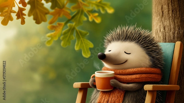 Fototapeta A funny hedgehog, wrapped in a warm scarf, drinks hot tea under an autumn tree and enjoys a warm autumn day. This drawing is about relaxation and recuperation in nature